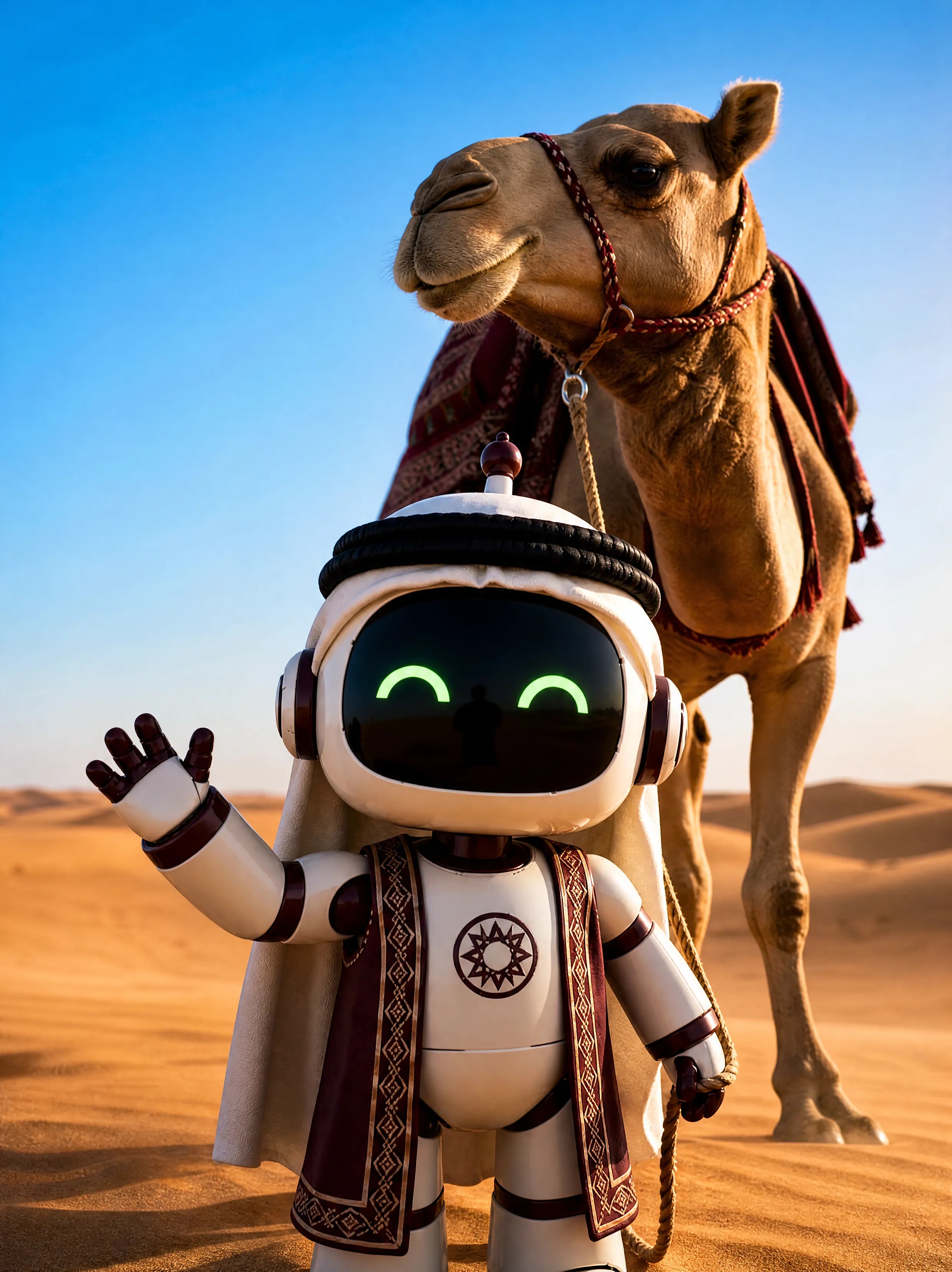 Hako and a camel on the dunes of Qatar.