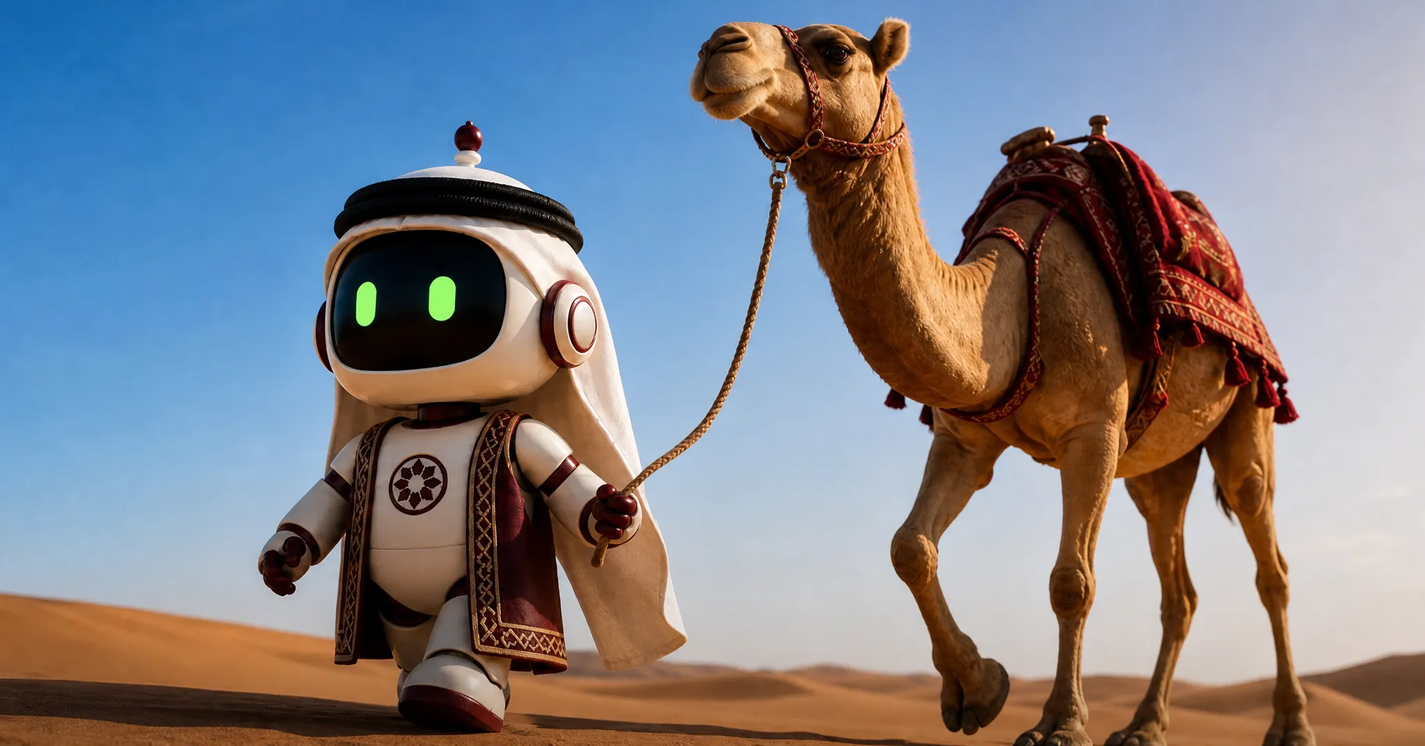 Hako and a camel crossing Qatar's sunlit dunes.